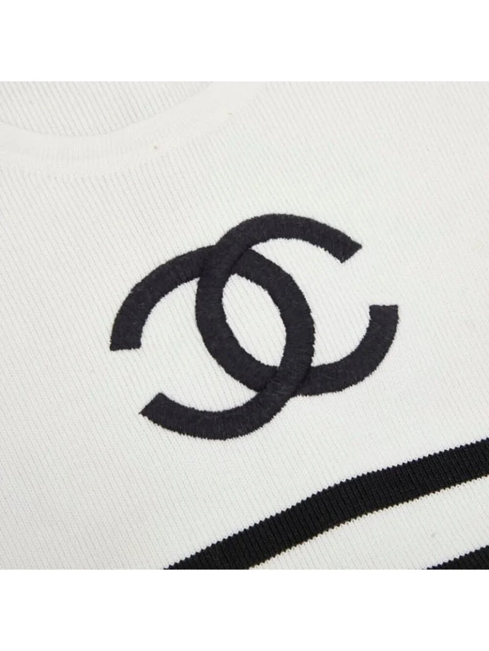 Chanel CC Logo Sleeveless Border Knit Dress 36 White Black Cotton